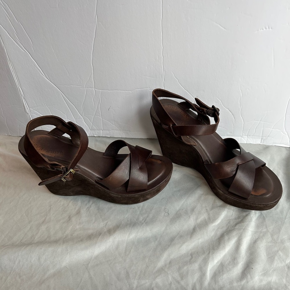 Kork-Ease Brown Leather Platform Wedge Sandals Suede Wrap Boho Retro Womens 8 - Picture 2 of 16